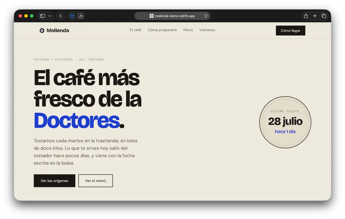 Landing page de Molienda, tostador de café en la colonia Doctores